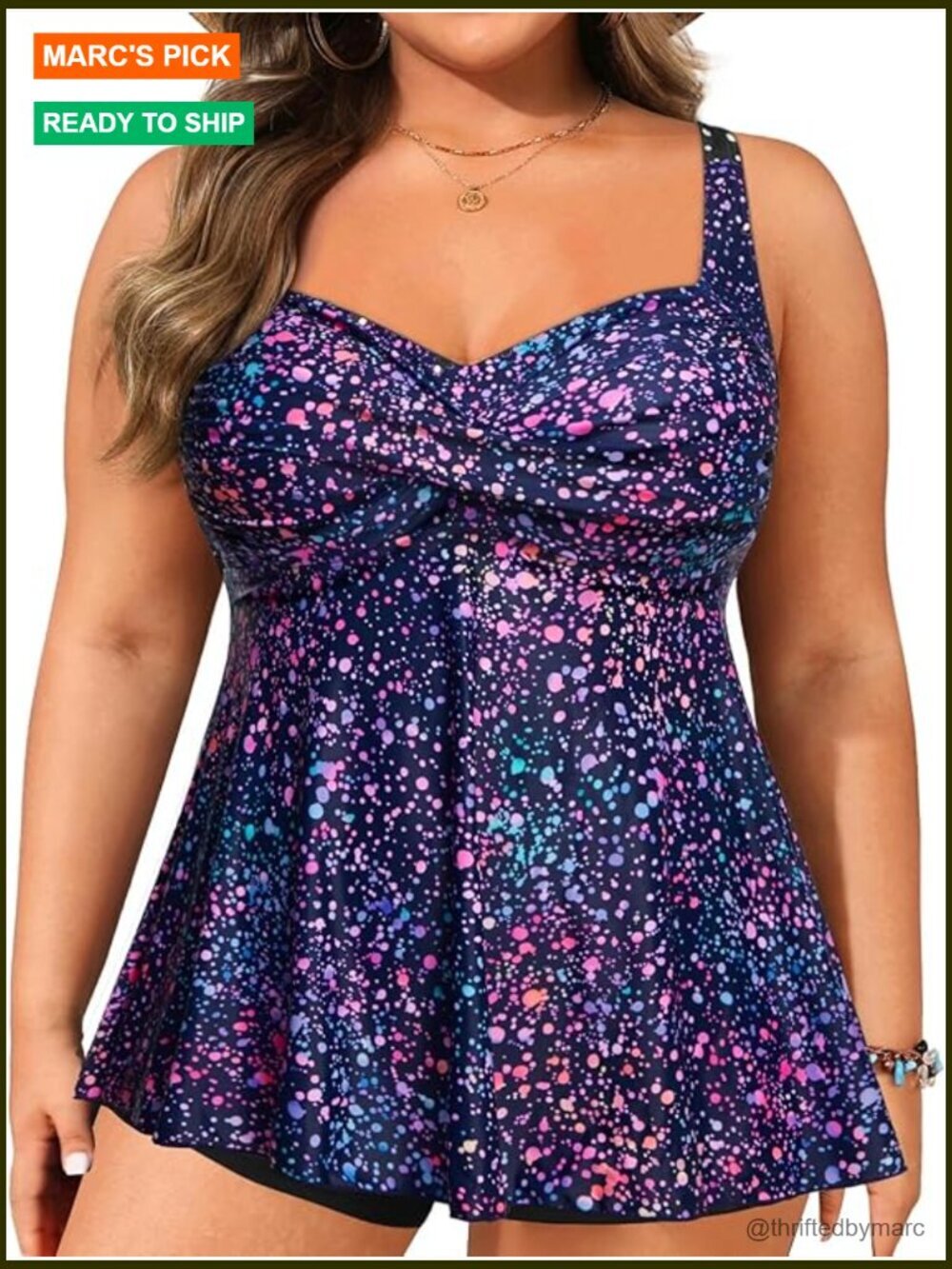 Flowy Plus Size Tankini Top with Built-In Bra Adjustable Straps